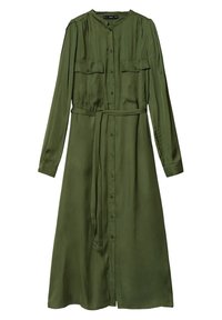 Robe longue à manches longues couleur vert olive, devant boutonné, deux poches poitrine, ceinture à la taille, texture satinée lisse, longueur au genou, coupe décontractée.