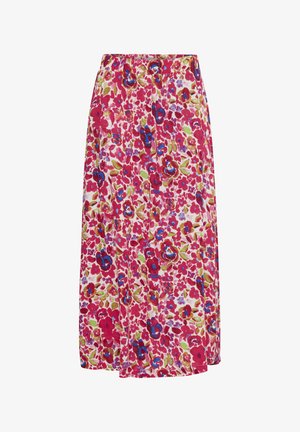 Kwiatowa spódnica midi z lekkiego materiału. Posiada biały tle z różowymi, czerwonymi, niebieskimi i zielonymi wzorami kwiatowymi. Elastyczna talia.