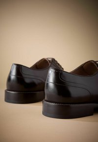 Zapatos de cuero negro con un acabado pulido, punta redondeada y un tacón bajo y grueso. Detalle de costura notable a lo largo de los bordes del zapato.