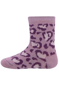 Calze viola con un motivo di cuori e stampa leopardata. Realizzate in materiale a maglia con una texture morbida, hanno un design di lunghezza a crema.