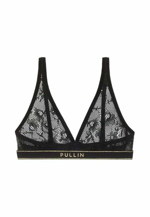 Bralette en dentelle noire avec motif floral et fines bretelles, avec une bande élastique au bas portant le texte doré "PULLIN".