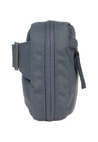 Gray fabric pouch with a zipper closure, side loop, and textured surface. Compact rectangular shape, suitable for small items.