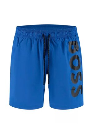 Short de bain bleu avec cordon noir réglable et grand logo vertical "BOSS" imprimé sur la jambe droite.