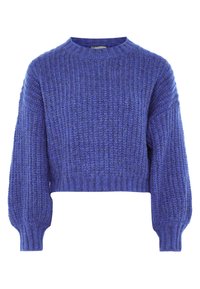 Pull violet en maille crochet avec un col rond, de longues manches bouffantes et un ourlet court. Tissu texturé avec des détails en motif côtelé.