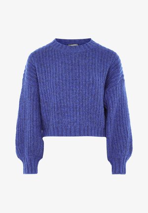 Virkattu violetti neulepaita pyöreällä pääntiellä, pitkät pallohihat ja lyhyt helma. Teksturoidut kankaat, joissa on resoritettu kuvio.