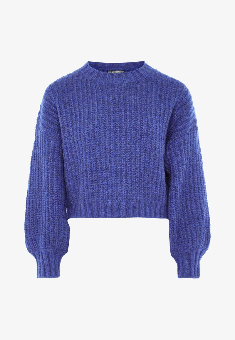 Pull violet en maille crochet avec un col rond, de longues manches bouffantes et un ourlet court. Tissu texturé avec des détails en motif côtelé.