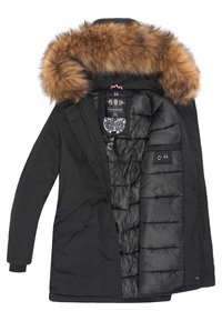 Chaqueta parka negra con capucha desmontable forrada de piel marrón, interior acolchado negro y bolsillos laterales. Incluye un logo en la etiqueta interior.