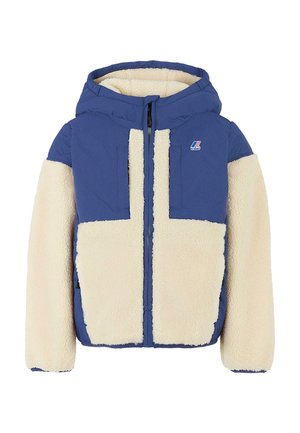 Giacca con cappuccio blu e crema con texture in fleece, pannelli a contrasto, due tasche frontali e zip anteriore. Presenta il logo sul petto.