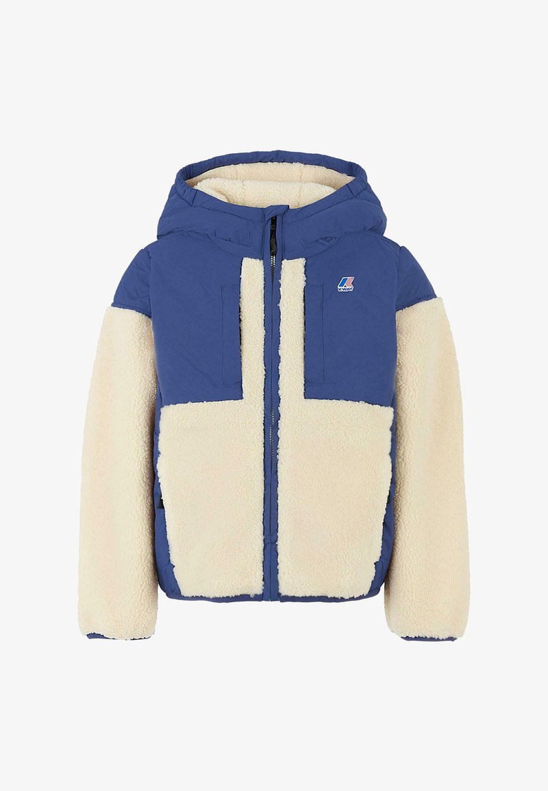 Blauwe en crèmekleurige gevoerde jas met een fleece-textuur, contrasterendepanelen, twee voorzakken en een ritssluiting aan de voorkant. Bevat een logo op de borst.