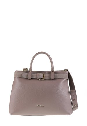 Sac à main en cuir taupe avec double poignée, bandoulière réglable, détail de ceinture en daim et petit logo doré à l'avant.