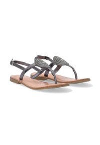 Metalisk grå flade sandaler med perle-spiral dekorationer. Har tynde stropper, en spænde lukning og en tan polstret sål.