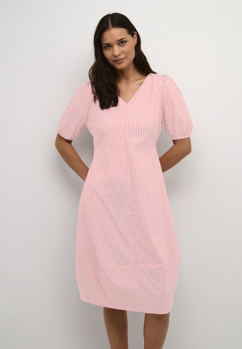Pink and white striped dress with a V-neck, short puff sleeves, and knee-length design. Features a smooth texture and straight silhouette.