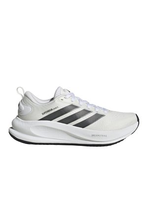 Bílá běžecká bota Adidas s černými třemi pruhy, polstrovanou podrážkou a textovými detaily „Supernova Ease 2“ a „Dreamstrike“.