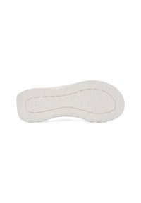 Witte rubberen schoenzool met een gestructureerd oppervlak en een gemarmerde profiel. Beschikt over een gevormde vorm en verhoogde delen voor grip.