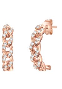 Rózsaarany karika fülbevalók, csavart lánc dizájnnal, melyek kis, csillogó, tiszta kristályokkal díszítettek a felszínen.
