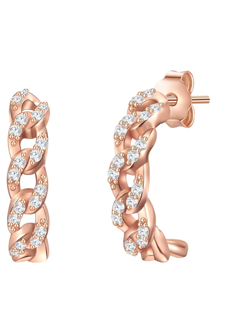 Rózsaarany karika fülbevalók, csavart lánc dizájnnal, melyek kis, csillogó, tiszta kristályokkal díszítettek a felszínen.