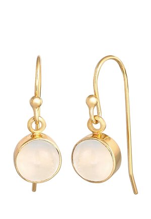Boucles d'oreilles à crochet en or avec des pierres blanches rondes et translucides serties en or, conçues pour les oreilles percées.