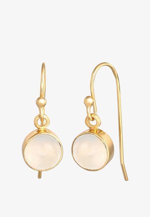Boucles d'oreilles à crochet en or avec des pierres blanches rondes et translucides serties en or, conçues pour les oreilles percées.