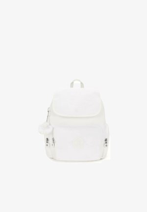 White backpack made of soft fabric with a front pocket, zipped compartments, and a fluffy decorative charm. Features a top handle and logo.