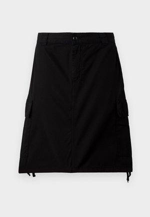 Black cargo skirt made of cotton blend fabric with a straight cut, featuring side pockets, front button closure, and adjustable drawstring hem.