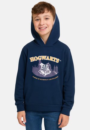 Navy blue hoodie featuring a graphic of Hogwarts with text. Made of fabric, design includes a front pocket and ribbed cuffs.