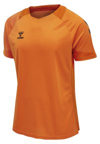 Oranje sportshirt van textuur, gemaakt van een lichtgewicht stof met een ronde hals. Bevat zwart logo en accenten op de mouwen.