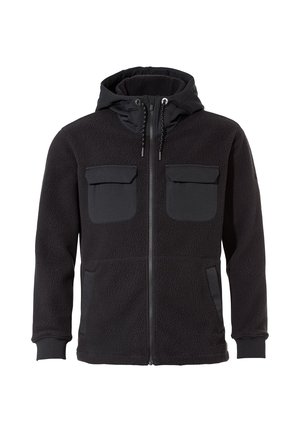 Giacca in pile nera con cappuccio, dotata di due tasche sul petto, tasche laterali e polsini elasticizzati. Tessuto testurizzato con chiusura a zip.