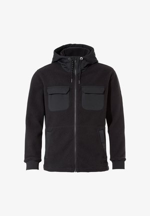 Giacca in pile nera con cappuccio, dotata di due tasche sul petto, tasche laterali e polsini elasticizzati. Tessuto testurizzato con chiusura a zip.
