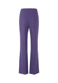 Purple trousers with a smooth texture, flared design, and a high waistband. Features front pleats and side pockets.