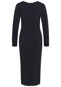 Langärmliges, tailliertes schwarzes Kleid mit geradem Schnitt, Reißverschluss auf der Rückseite und einem Schlitz am Boden für Bewegungsfreiheit. Glatte, einheitliche Textur.