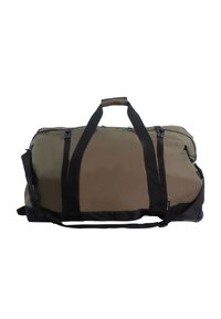 Borsa a tracolla in verde oliva e nero. Realizzata in tessuto resistente, con un ampio scomparto principale, due manici e una tracolla regolabile.