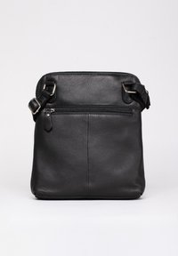 Black leather crossbody bag with a zippered top, adjustable strap, and a front zipper pocket. Smooth texture, minimalistic design.