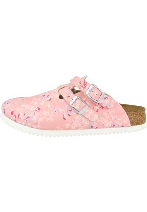 Pink floral clogs with two adjustable straps, white rubber sole, and a cork footbed. The upper features a smooth, patterned material.