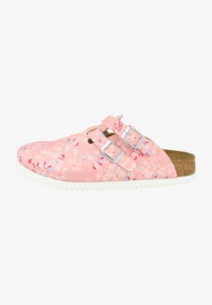 Pink floral clogs with two adjustable straps, white rubber sole, and a cork footbed. The upper features a smooth, patterned material.