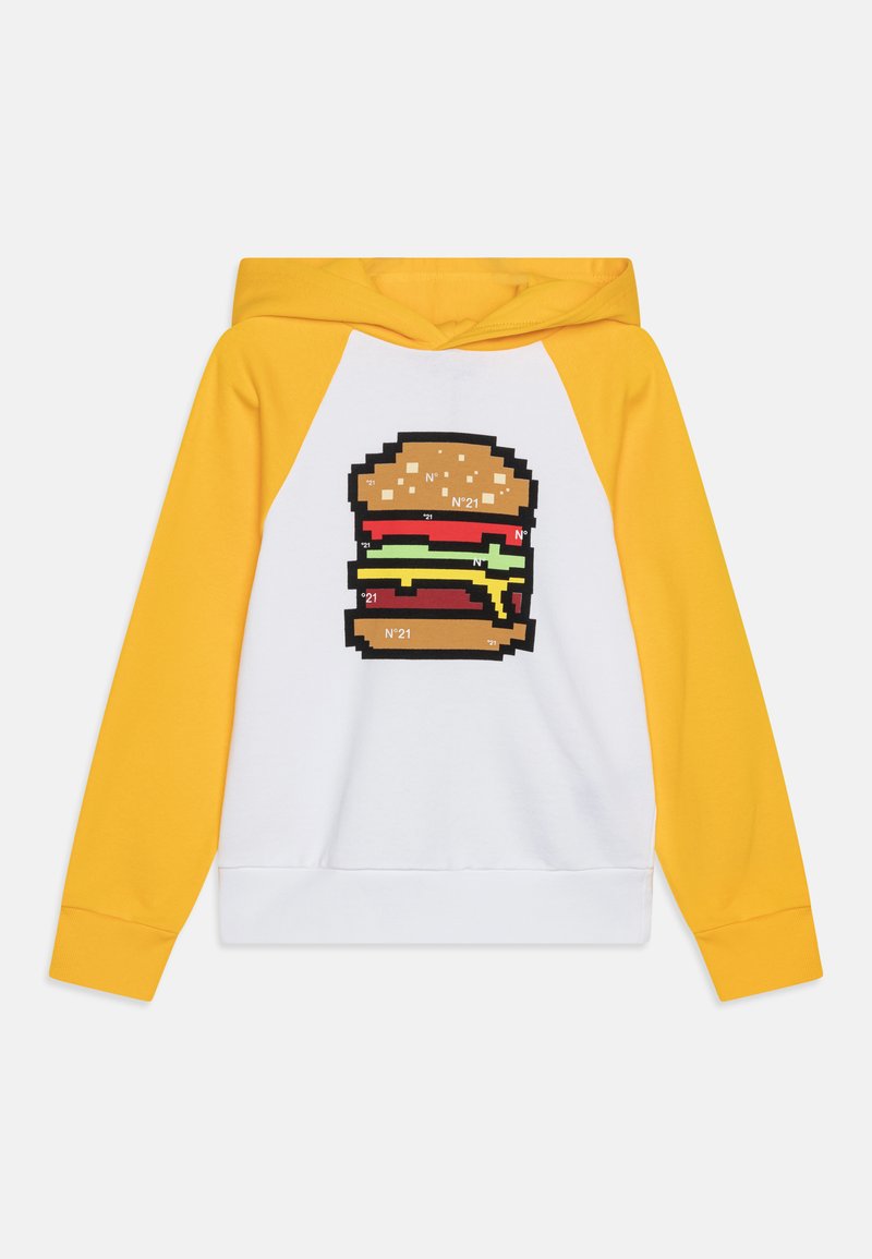 Hoodie med gula raglanärmar och vit kropp, med en pixelerad hamburgargrafik på framsidan i brunt, rött och grönt.