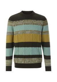 Strickpullover mit Rundhalsausschnitt, variierenden Streifen in Blaugrün, Gelb und Braun sowie verschiedenen Strukturmustern, mit gerippten Bündchen und Saum.