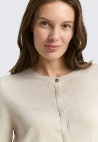 Beżowy sweter z dzianiny z okrągłym dekoltem i pojedynczym złotym guzikiem u góry, o gładkiej fakturze i dopasowanym kroju.