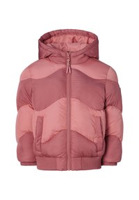 Rosa gepolsterte Jacke mit Kapuze, ausgestattet mit Zickzack-Steppung, durchgehendem Reißverschluss, seitlichen Taschen und gerippten Bündchen und Saum.