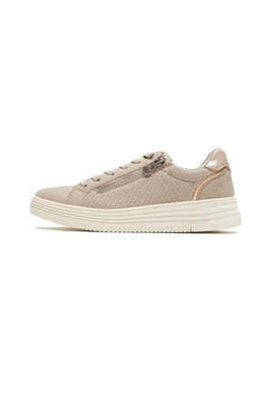 Beige sneaker with a textured woven pattern, side zipper, and cream rubber sole. Features a smooth accent on the heel.