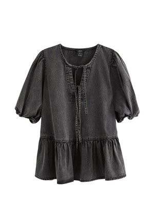 Zwarte denim blouse met korte mouwen, met pofmouwen, een strikopening bij de hals en een geraffineerde peplumzoom.