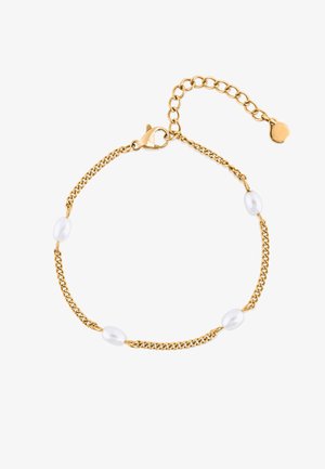 Arany színű lánckarkötő fehér ovális gyöngyökkel, rákkapoccsal és hosszabbító lánccal a méret állíthatóságához. Sima felület, letisztult, minimalista dizájn.