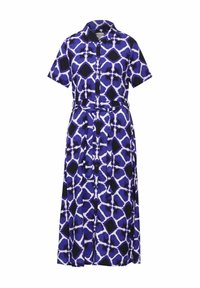 Robe boutonnée à motif violet et noir, avec des manches courtes, un col, une ceinture à la taille et une silhouette fluide.