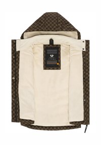 Braun gemusterte Jacke mit weichem cremefarbenen Fleecefutter und Kapuze. Verfügt über Druckknopfverschlüsse und eine beschriftete Innentasche.