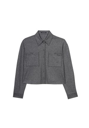 Gray cropped button-up shirt with two front flap pockets and a pointed collar, long sleeves, and soft fabric texture.