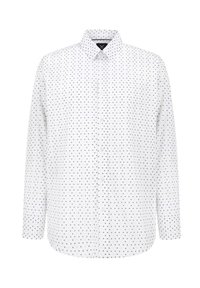 Biała koszula z długim rękawem i kołnierzykiem na guziki, w regularnym fasonie, z rozrzuconym niebieskim wzorem krzyża na całej tkaninie.