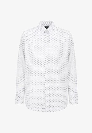 Biała koszula z długim rękawem i kołnierzykiem na guziki, w regularnym fasonie, z rozrzuconym niebieskim wzorem krzyża na całej tkaninie.