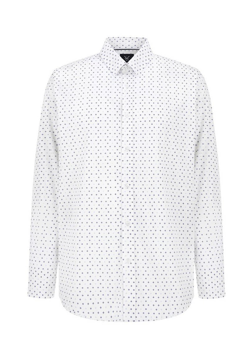 Biała koszula z długim rękawem i kołnierzykiem na guziki, w regularnym fasonie, z rozrzuconym niebieskim wzorem krzyża na całej tkaninie.