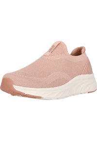 Helle rosa Slipper-Sneaker aus gestricktem Stoff mit strukturierter Oberfläche. Verfügt über eine weiße Zwischensohle und eine Gummisohle für besseren Halt.