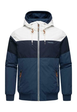 Navyblauwe en witte hoodie met een ritssluiting aan de voorkant, elastische manchetten en twee zijzakken. Kenmerkend zijn de lichtbruine accenten en het logo.