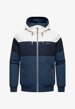 Navy blue and white hooded jacket with a zip front, elastic cuffs, and two side pockets. Features light brown accents and logo.